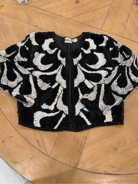 Vintage SWEE LO Beaded Black & White Cropped Jacket XL